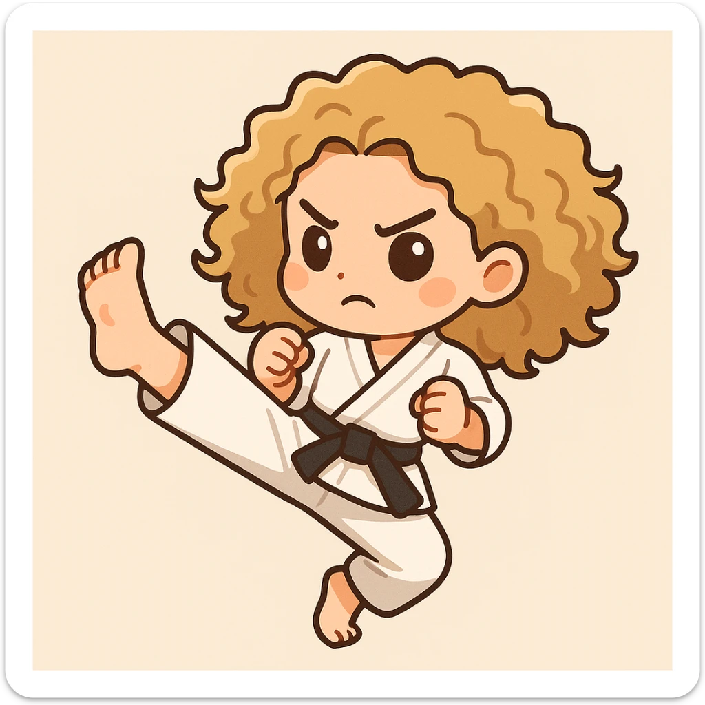 Full length shot of a blonde curly haired woman doing a karate kick, cartoon emoji style with a simple background, in chibi stickers style. sticker