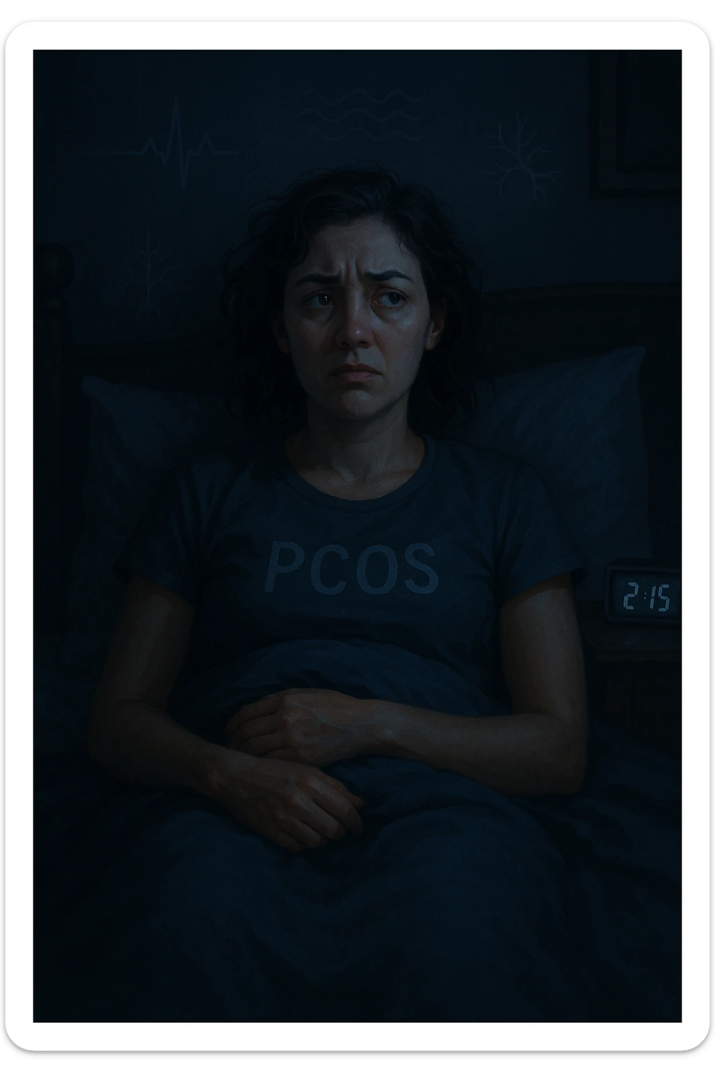 realistic and cinematic vertical illustration of a woman with PCOS in bed, showing signs of discomfort, agitation, insomnia, and symbols representing autonomic nervous system imbalance, nighttime atmosphere, very few writings, 2:3 aspect ratio sticker