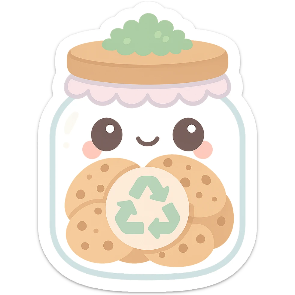 full glass cookie jar with wooden lid, lace trim, moss decoration, recycling symbol on front, filled with cookies, cozy whimsical homey cottagecore style, no text, transparent background sticker