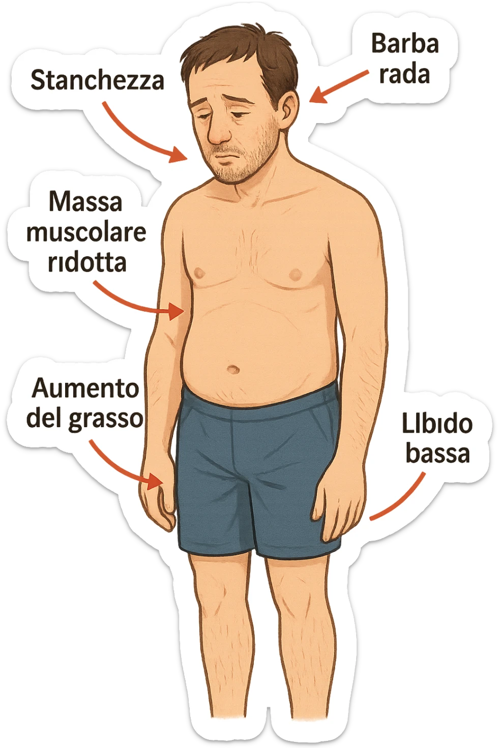 un uomo adulto in piedi, con postura stanca e muscolatura ridotta. Attorno al corpo, frecce rosse puntano verso zone chiave come viso (barba rada), torace (massa muscolare ridotta), addome (aumento del grasso), e area pelvica (libido bassa). Accanto a ogni freccia, etichette in italiano: “Stanchezza”, “Massa muscolare ridotta”, “Aumento del grasso”, “Libido bassa”, “Barba rada”. Sfondo bianco, stile educativo e chiaro. sticker