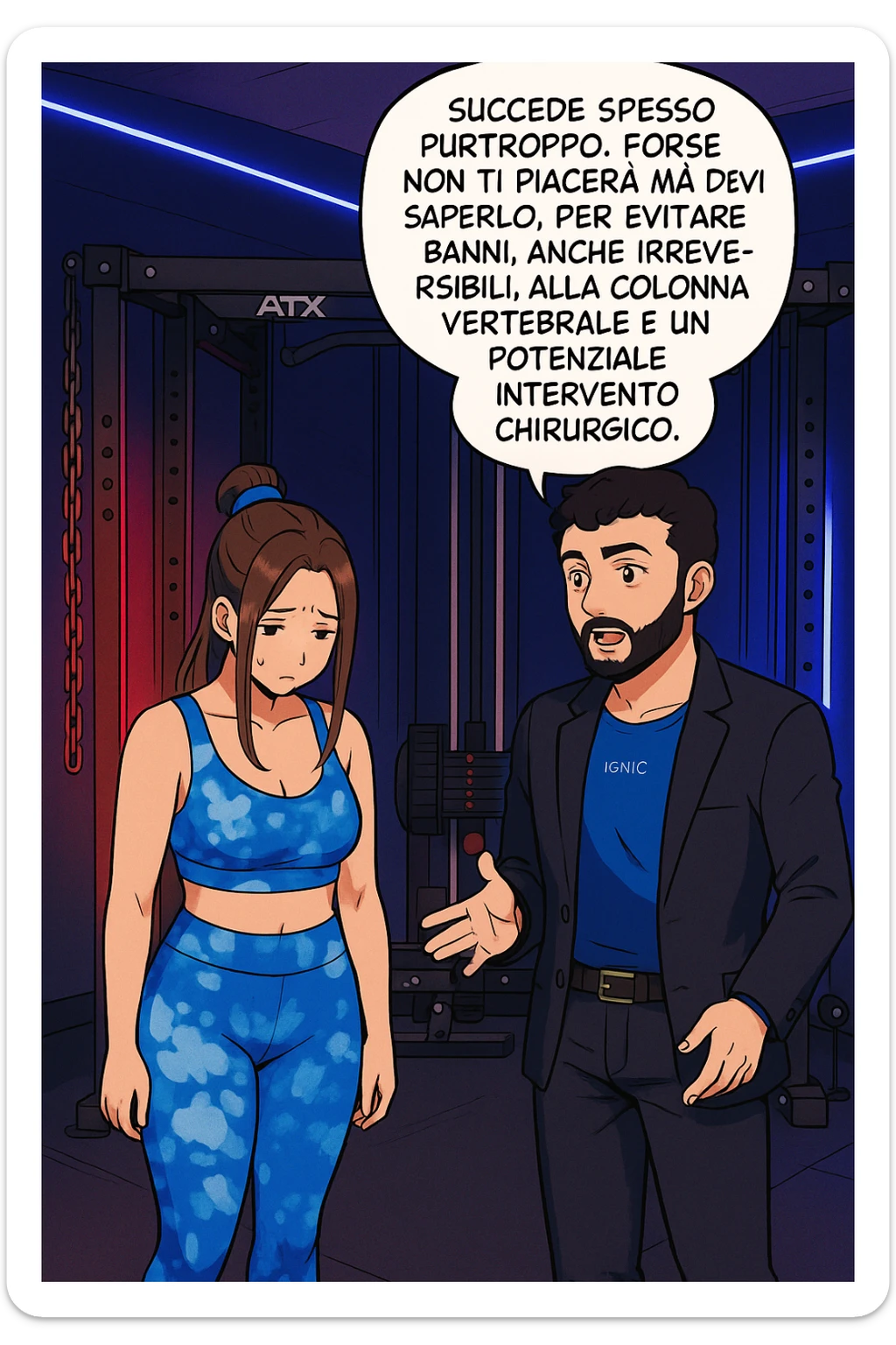 fai questa immagine in versione manga/webtoon a colori, il manga mostra l'uomo che risponde alla donne:
Succede spesso purtroppo. 
Forse non ti piacerà ma devi saperlo, per evitare danni, anche irreversibili, alla colonna vertebrale e un potenziale intervento chirurgico. sticker