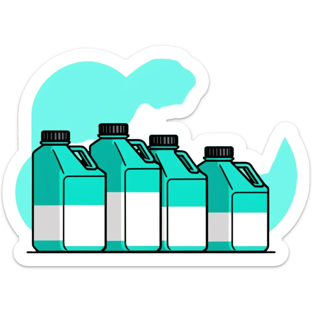 Canisters of motor oil in light gray color, minimalist design with soft gradients in sky blue, teal green, white, and light gray sticker
