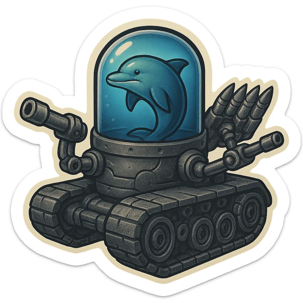 Menacing dolphin in a water tank mounted on tank treads, gritty metallic look, blue water in tank, robotic arms with large forward-facing guns, rack of missiles, retro sticker style, no border. sticker