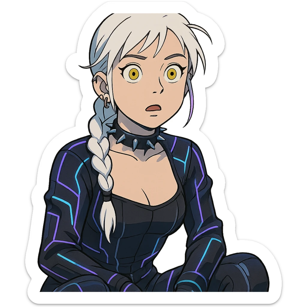 a shocked facial expression, a closeup portrait of young woman with gold yellow eyes, white hair, long braid, black off-shoulder top d-cup, punk gothic style, futuristic cyberwave cyberpunk, sitting position sticker