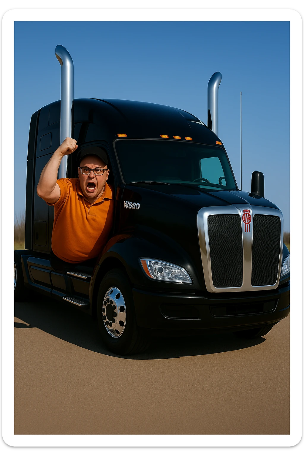 Place the angry bald man wearing an orange shirt, glasses, and a baseball cap inside the 2026 Kenworth W680 black sleeper semi truck, hanging out of the driver's side window but mostly inside the cab. The scene should be bright and vivid with clear details of the truck and the man. sticker