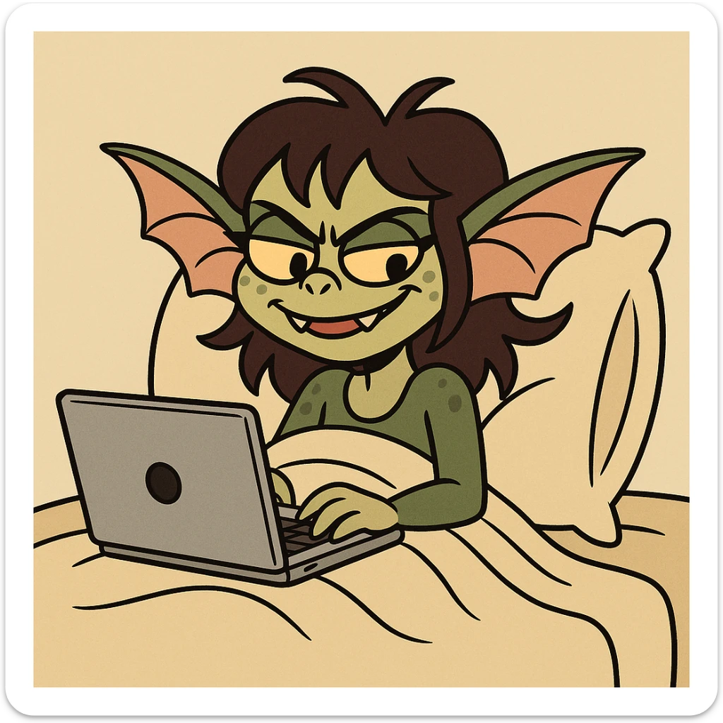 cartoon style gremlin girl with dark brown hair, pretending to work from bed, mischievous smile, laptop, cozy blanket sticker