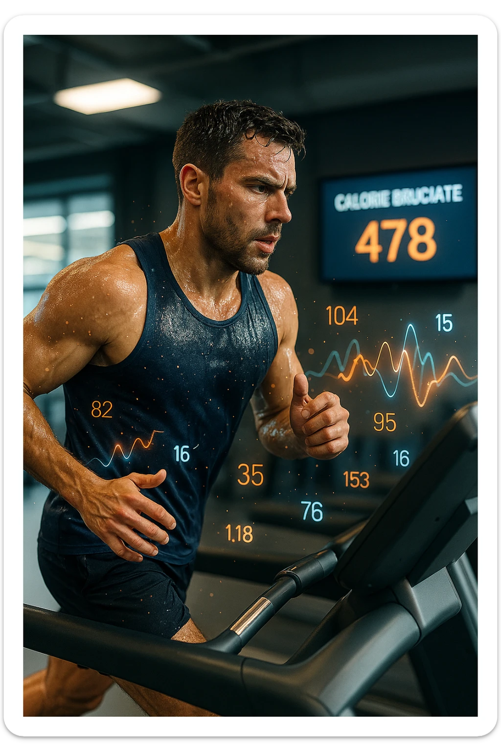 Uomo atletico su tapis roulant in palestra, visibilmente sudato, in piena corsa. Sullo sfondo uno schermo digitale che mostra 'Calorie bruciate: 478'. Intorno al corpo dell’uomo si vedono numeri fluttuanti e grafici energetici, come se si stessero misurando in tempo reale le calorie consumate. Atmosfera dinamica, luce intensa da palestra, sensazione di movimento e impegno. IN ITALIANO sticker