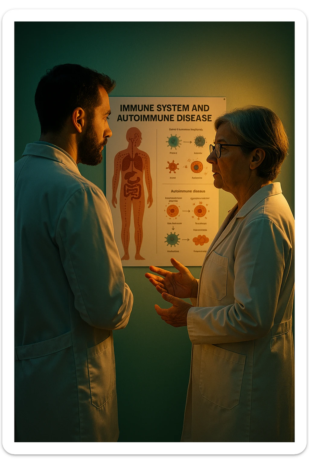 Realistic, detailed photo taken from behind of two doctors—a bearded man and a middle-aged woman—standing and facing each other as they discuss an autoimmune disease diagnosis in front of a medical chart that displays information about the immune system and autoimmune conditions. The scene is illuminated by a yellowish, orange, warm light that softly envelops the doctors. The entire room is bathed in a single green-blue color, creating a cohesive and modern atmosphere. Both doctors wear white coats, and their body language suggests a serious, professional conversation about the complexities of autoimmune diseases. Shot with a Canon EOS R5, with high detail and natural depth of field. sticker