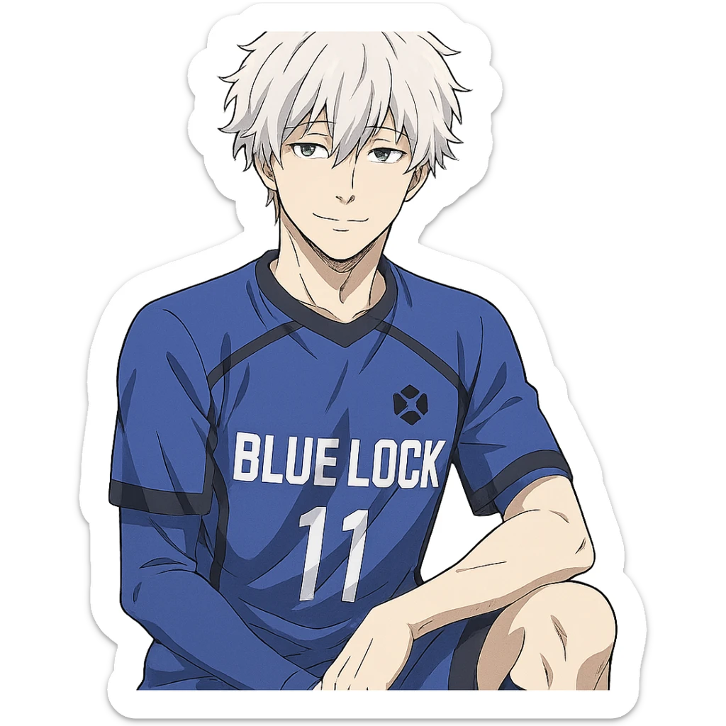 Nagi Seishiro from Blue Lock, anime style, relaxed pose, white hair, blue soccer jersey, gentle smile sticker