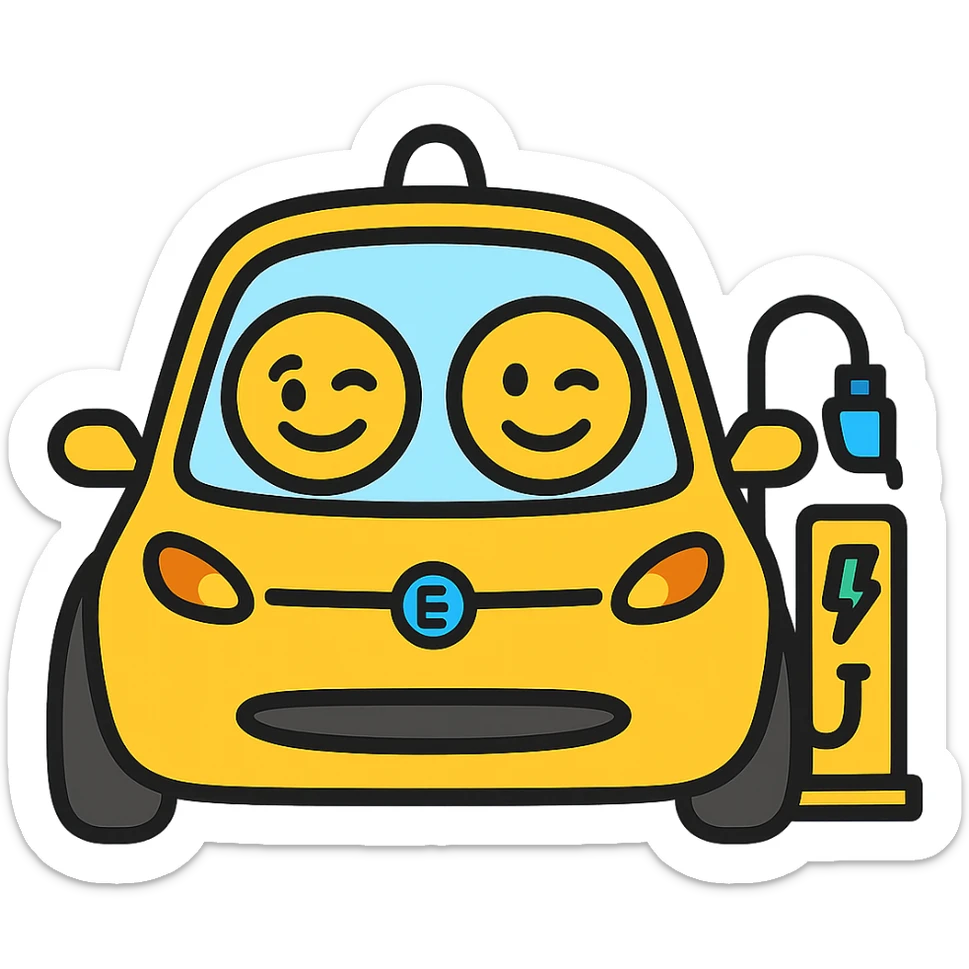 Change the EV car to yellow, keep the adorable round eyes and EV charger on the right, with no background. sticker