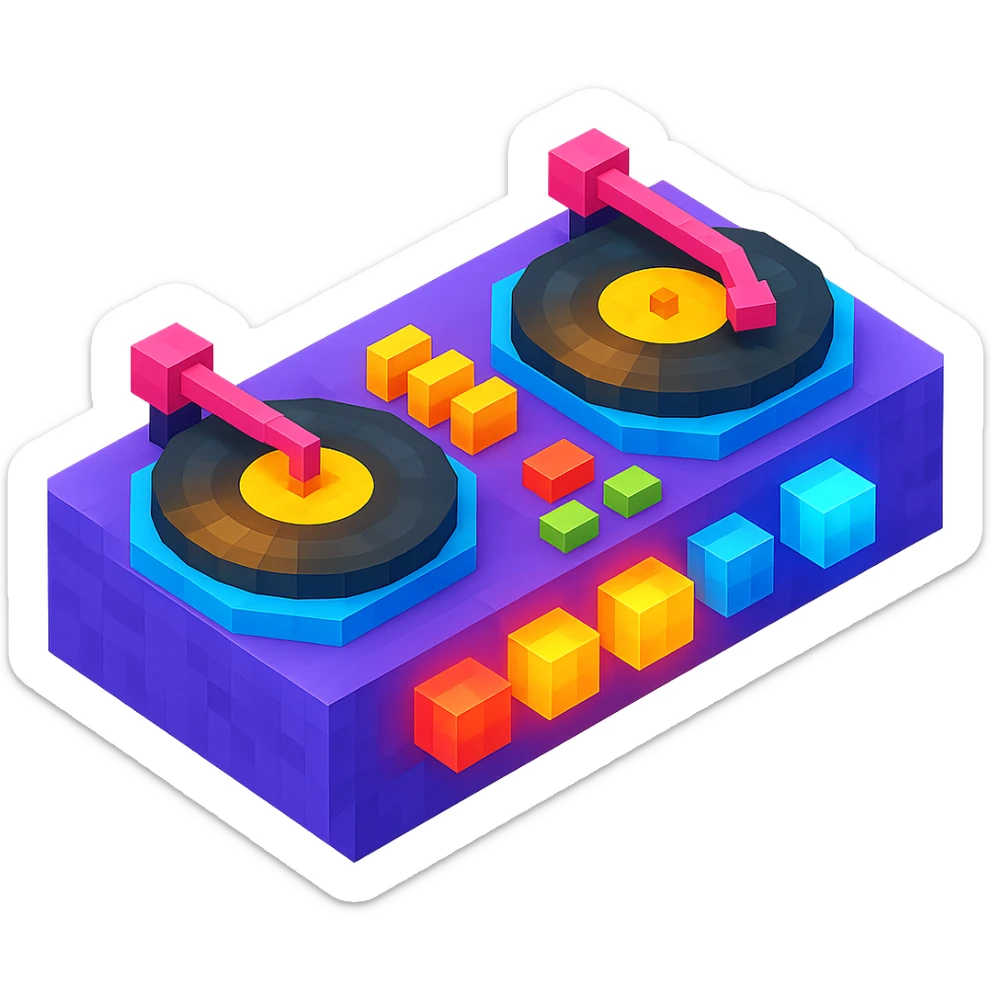 DJ turntables with glowing buttons and a retro vibe sticker