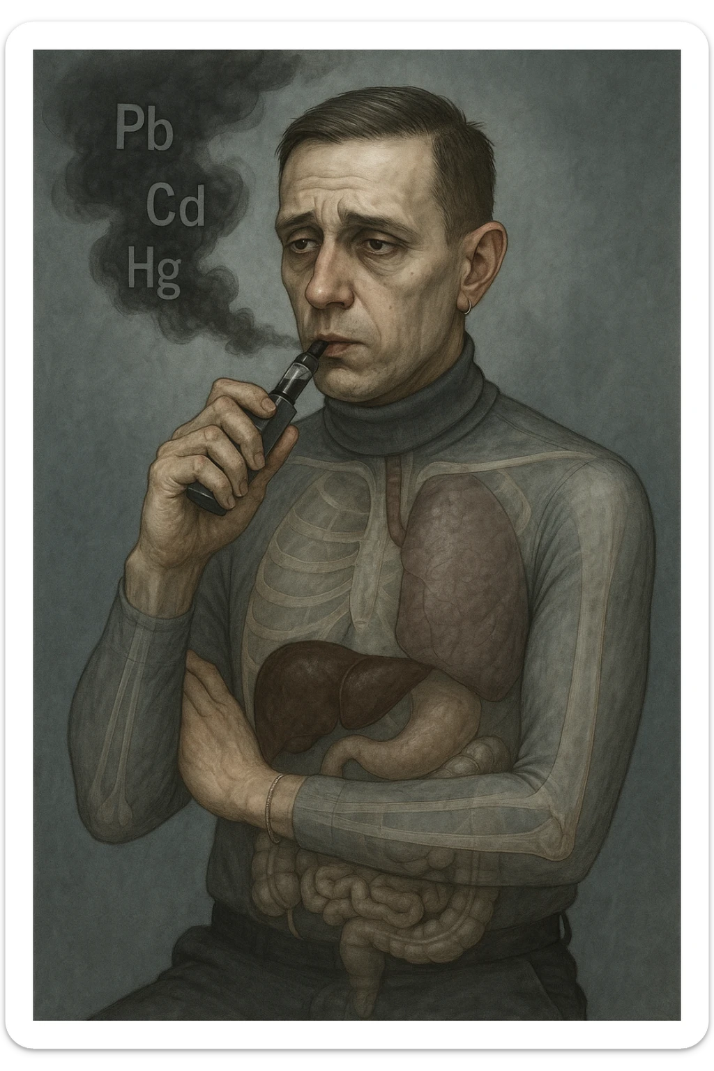 Realistic medical style illustration of a man aged 30-40 years with pale skin, dull eyes, and a tired face, inspired by the reference photo. He holds an electronic cigarette emitting dark smoke with chemical symbols Pb, Cd, Hg. His body is transparent showing dark liver and intestines. The atmosphere is gloomy with metallic colors, realistic medical style. sticker