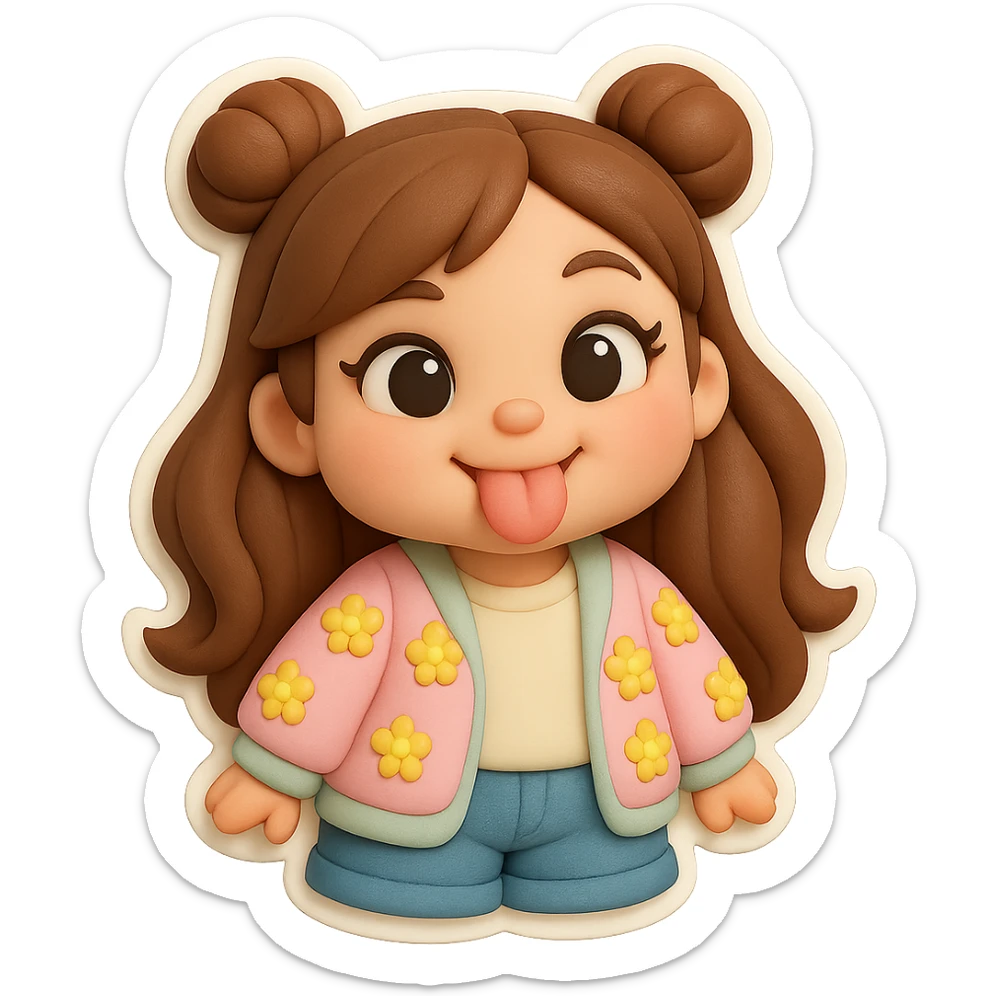 Create a 3D chibi fondant cake art style image of a girl based on the reference image. Preserve the facial features and eye shape exactly as in the reference. She has long brown hair styled in two space buns, brown eyes, and a thick white outline like a sticker. The girl is playfully sticking out her tongue with a kind, happy tease expression. She holds nothing in her hands. Use high-quality rendering with smooth shadows and soft gradients. Transparent background. sticker