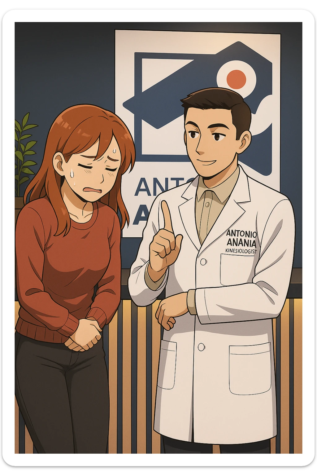 su questo stile fai un manga/webtoon a colori in cui una donna PREOCCUPATA FA UNA DOMANDA ALL'UOMO, l'uomo della foto in stile manga LE DICE DI "NO" CON IL DITO, mantieni un ambiente simile alla foto che ho allegato con il suo logo (sarebbe il suo studio, lui è un kinesiologo), scrivigli "ANTONIO ANANIA" sul camice bianco, non mettere fumetti, ma fai in modo che sembri che la donna CHIEDA ALLARMATA E L'UOMO LA TRANQUILLIZZI sticker