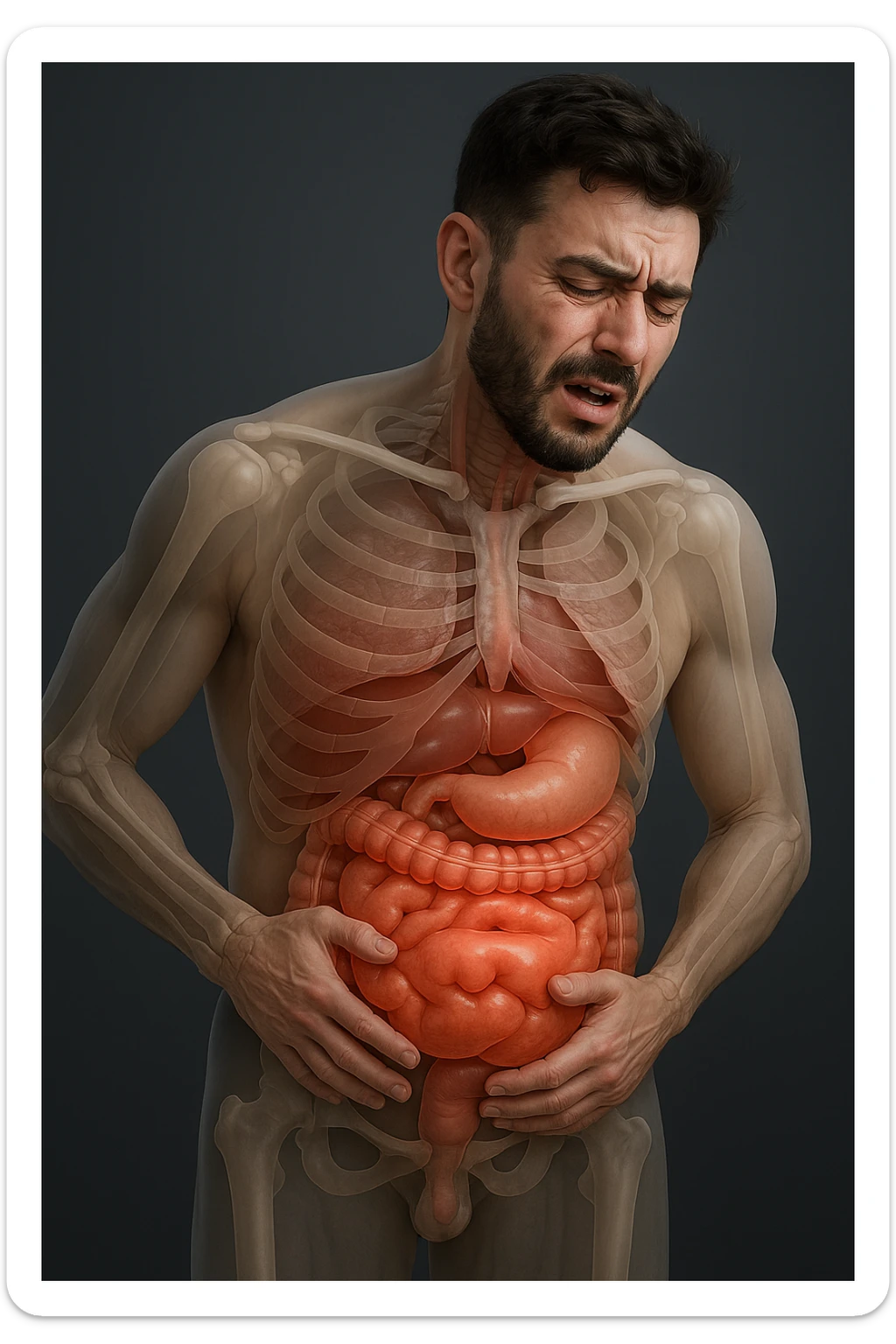 Uomo con dolore per via del suo gonfiore addominale vista anatomica immagine realistica in 3D sticker