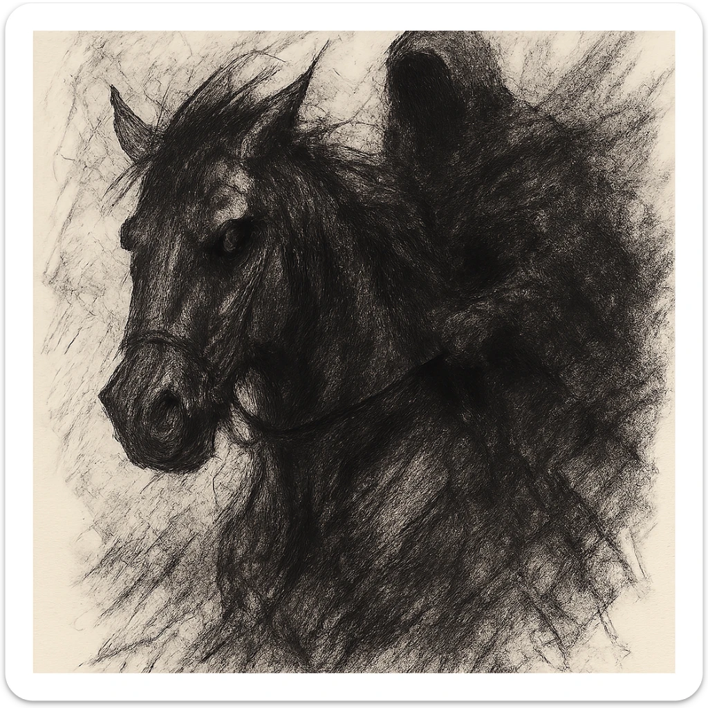 A dark, spectral horse with a shadowy rider, inspired by apocalyptic and mythic poetry, black and white sketch style, dramatic lighting, no background, ominous and atmospheric, evoking a sense of doom and supernatural power sticker