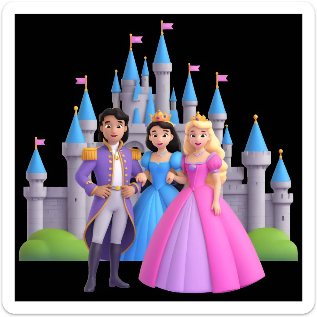 prince and princess Disney dress close up photo in castle background sticker