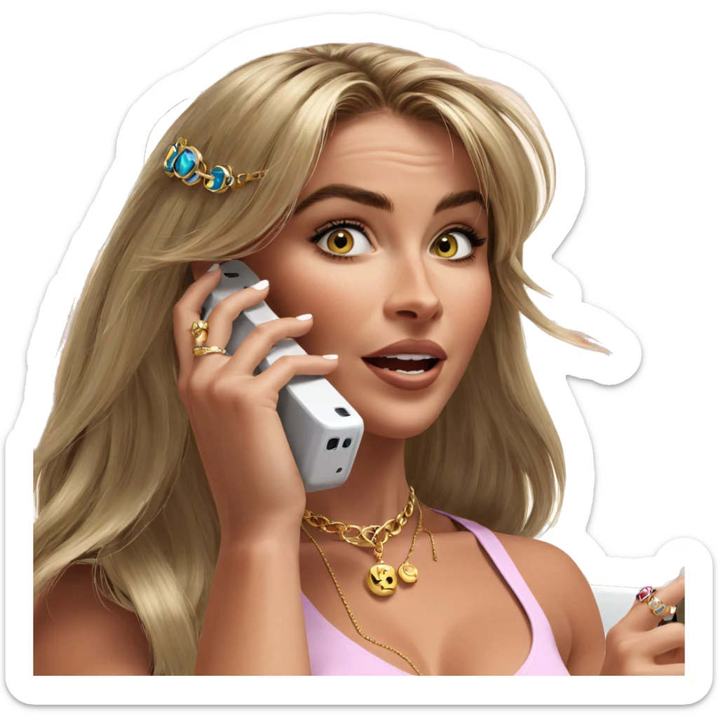blonde girl with phone and jewelry sticker