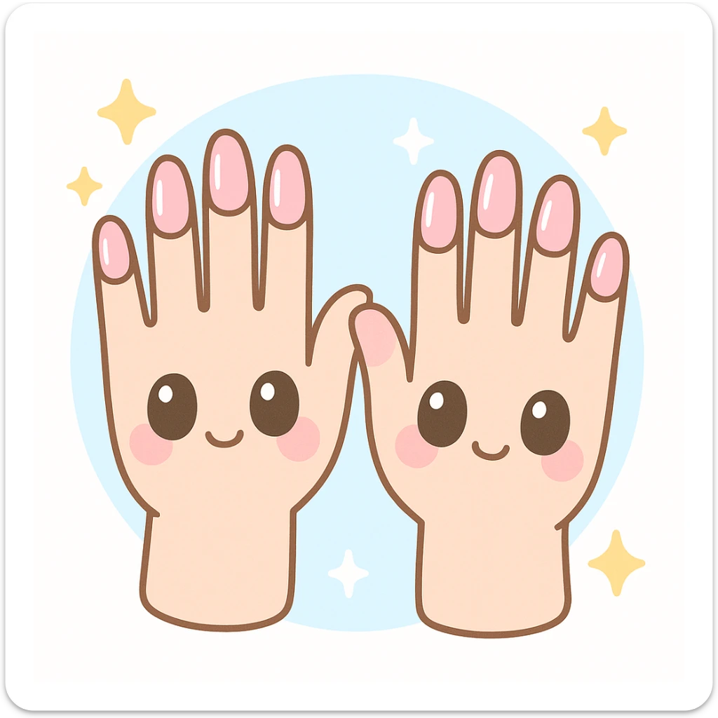 pink cute press on nails on cute hands, kawaii style, soft colors, adorable details sticker