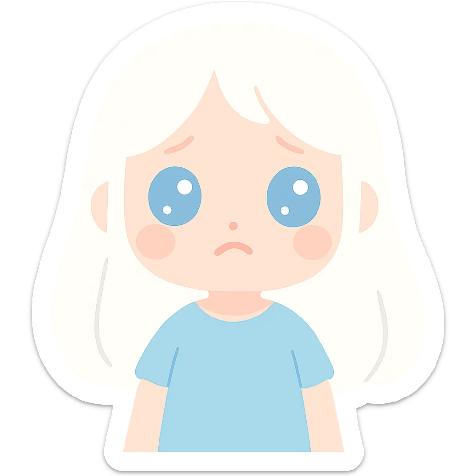 A girl with long white hair, blue eyes, sad and tired, wearing a blue dress. sticker