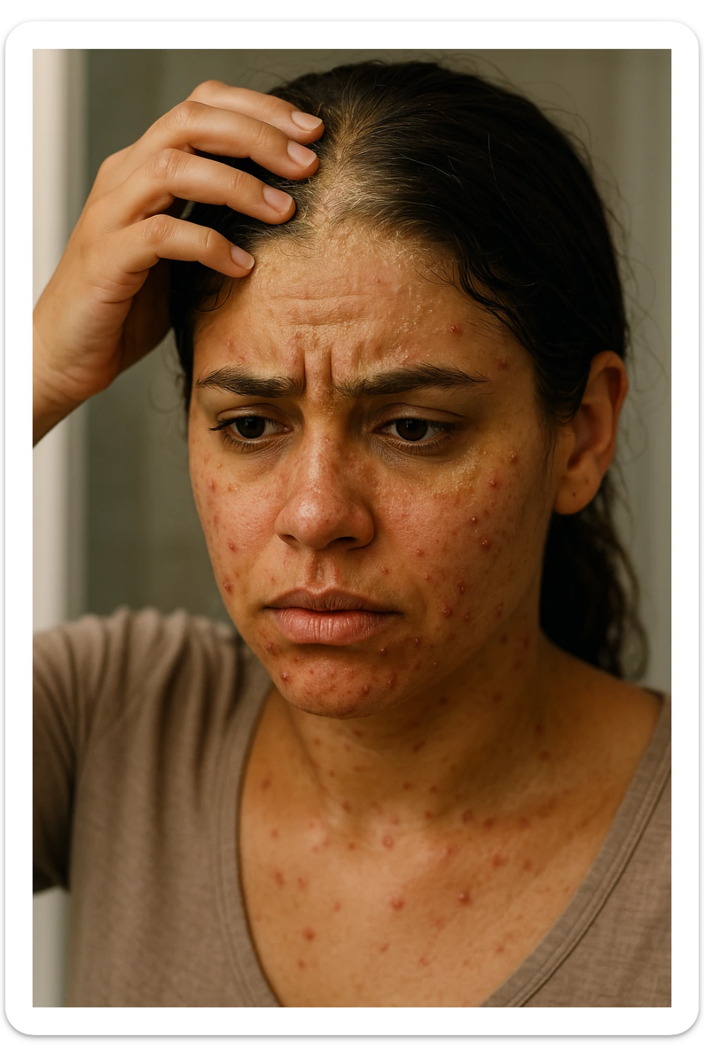 A highly realistic, cinematic close-up portrait of a young woman in her late 20s with medium skin tone, displaying visible folliculitis and seborrheic dermatitis. Small, red, inflamed follicular papules and pustules are scattered along her hairline, jawline, and upper neck, indicating folliculitis. Her scalp and areas around the nose and eyebrows show flaky, greasy yellowish scales, with redness and irritation, indicating seborrheic dermatitis. Her hair appears slightly greasy and clumps near the scalp, emphasizing excess sebum production. She gently touches her irritated scalp with concern while looking at herself in a softly lit bathroom mirror, expressing discomfort and frustration. The environment is neutral and clean, with daylight softly illuminating the scene to highlight the skin and scalp texture. The style is 35mm hyperrealistic, with warm neutral tones and shallow depth of field to maintain focus on her skin, inflammation, and emotional expression, visually explaining the physical discomfort and aesthetic concerns of living with folliculitis and seborrheic dermatitis sticker