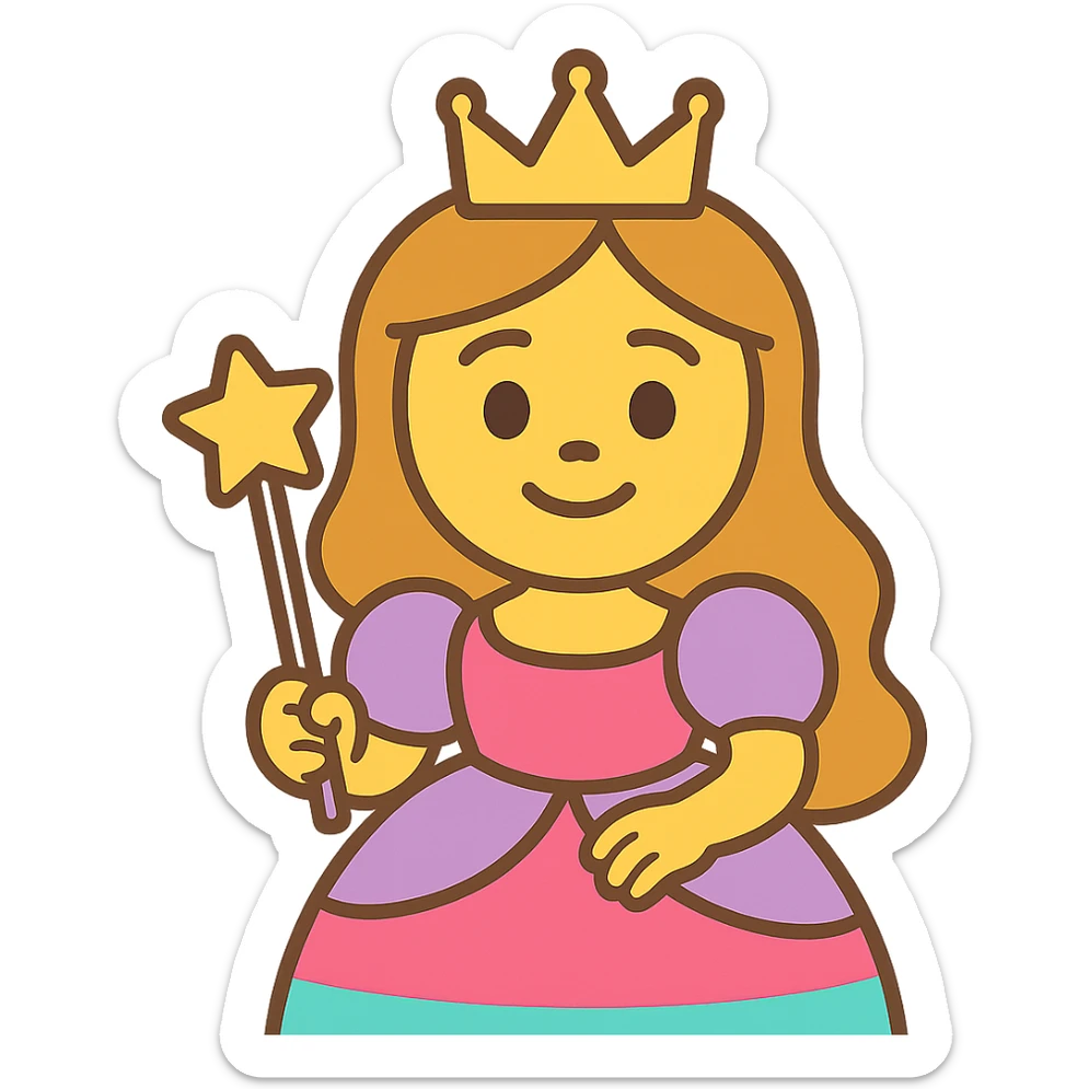 cartoon-style princess emoji with long hair, wearing a golden crown, smiling softly, dressed in a royal gown, holding a magic wand, pastel toon style sticker