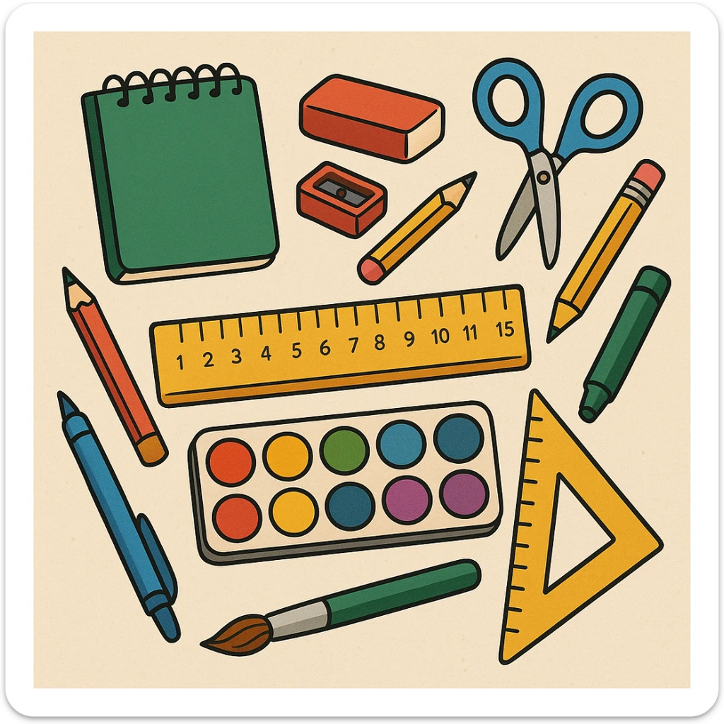 illustration of a ruler, various styles of school supplies sticker
