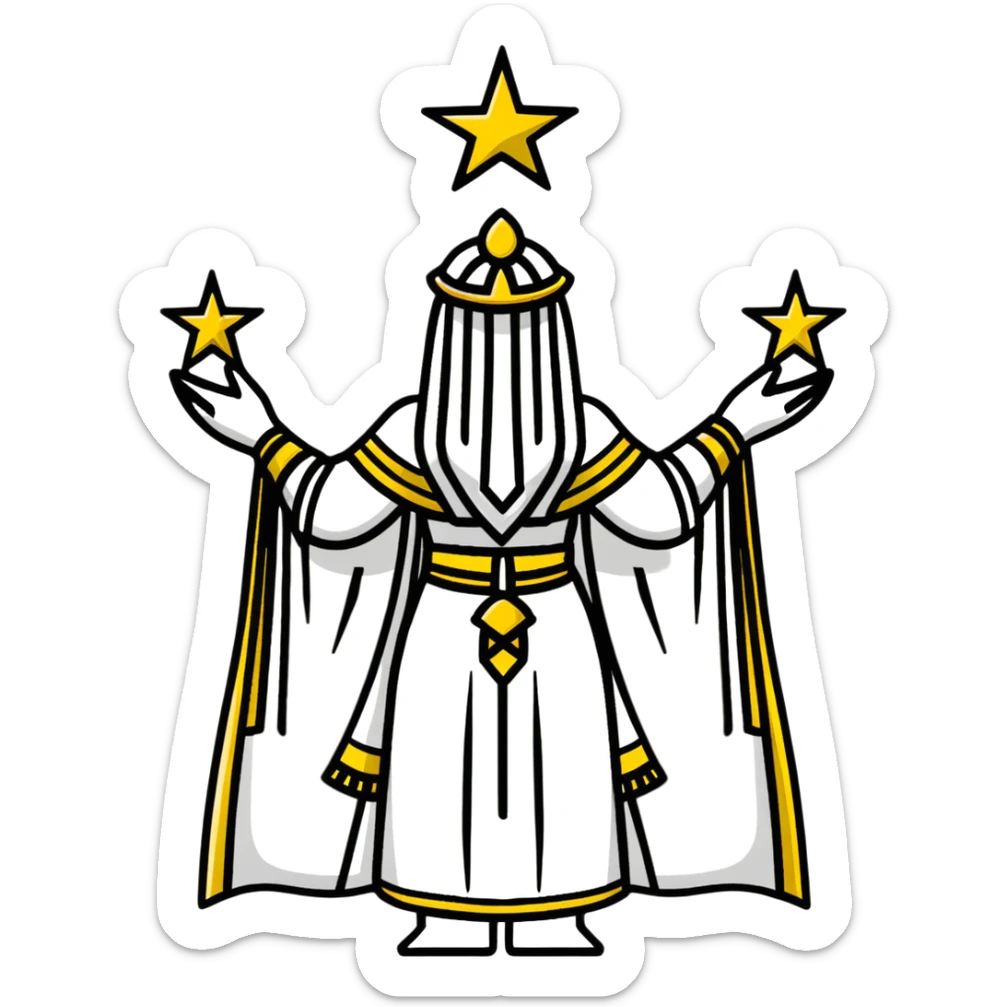 back view of Anunnaki goddess Inanna with detailed ceremonial robes and star symbols sticker