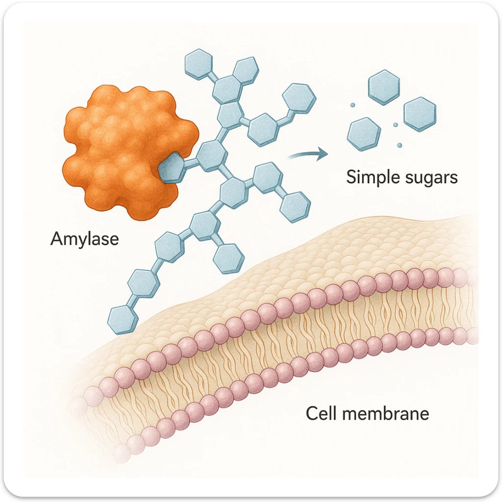 Ultra-detailed illustration of enzyme digestion: amylase breaking starch into sugars near a cell membrane. Clean white background, no text. Scientific but simple sticker