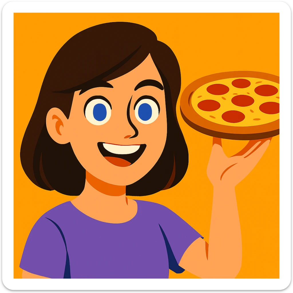 Darken the hair, change the shirt to light purple, and position her hand up and to the side as if she's carrying a pizza, maintaining the same vibrant toon cartoon style. sticker