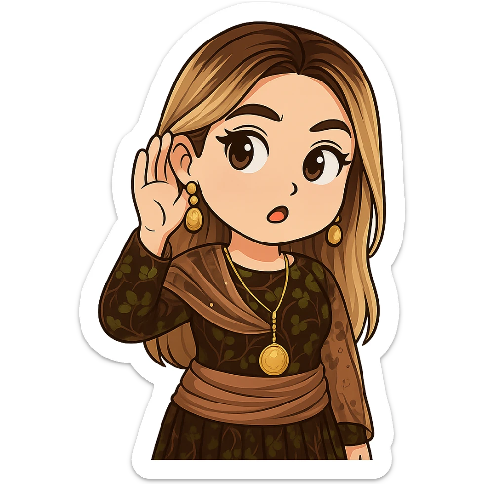 Kurdish cartoon sticker of the same woman in the new dress, curious face, raised eyebrow, hand to ear as if asking 'what's up?', no text, transparent background sticker