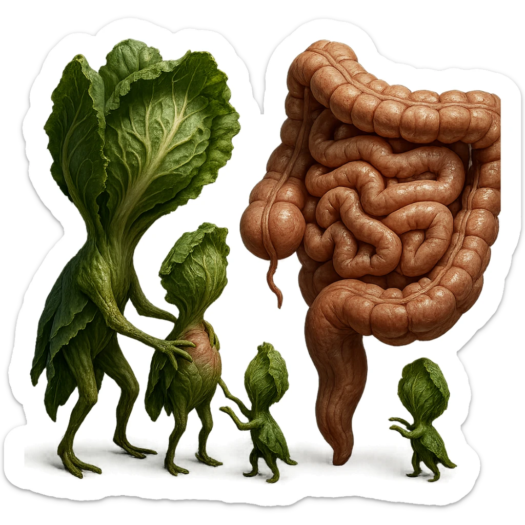 Ultra-realistic 4K illustration: stylized lettuce leaves depicted as plant-like creatures interacting with a human anatomical model of the intestine. The scene is surreal and scientific, with organic textures, refined biological details, dramatic lighting, and a bio-fantasy photorealistic style sticker