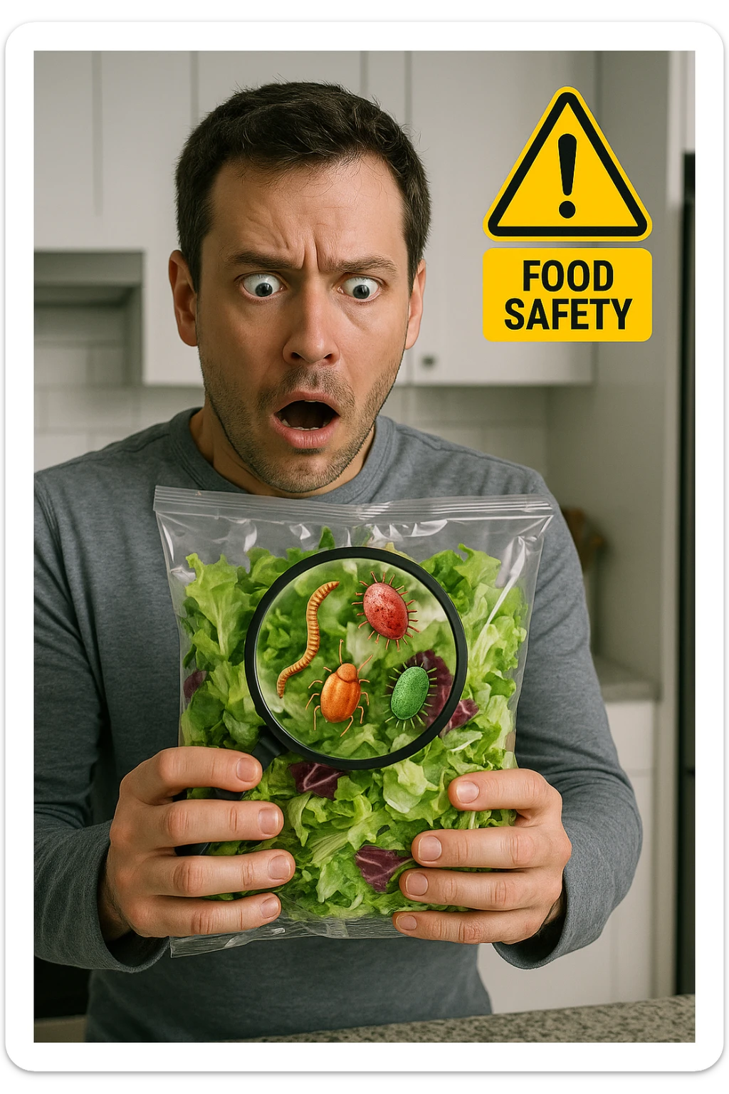 a man holds a bag of salad with both hands, his face frozen in shock as he looks at the contents. Inside the bag, exaggerated but realistic depictions of parasites and bacteria are visible, some highlighted with a magnifying glass overlay. The background is a clean kitchen, and a warning sign appears in the corner to reinforce the message about food safety. sticker