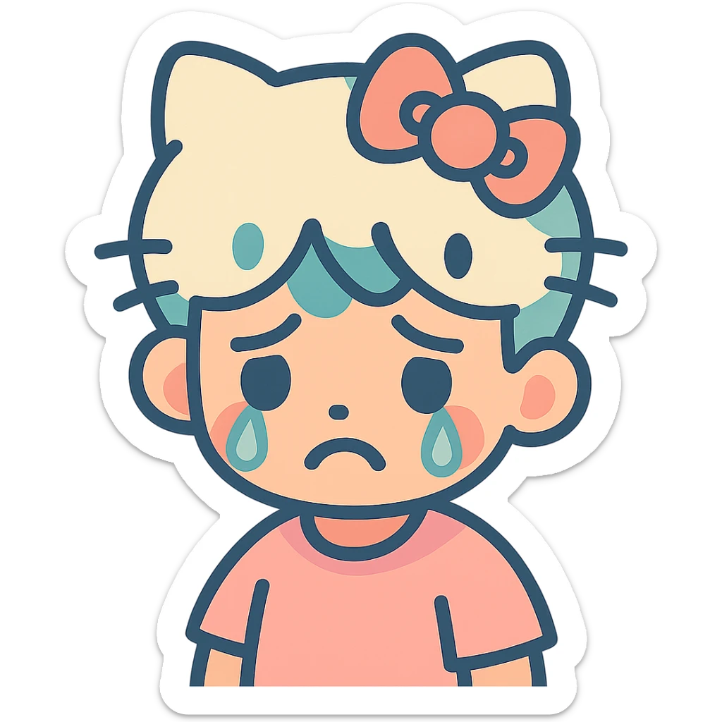 a sad boy with Hello Kitty ears, tears on his cheeks, kawaii style, vibrant toon style, pastel colors sticker