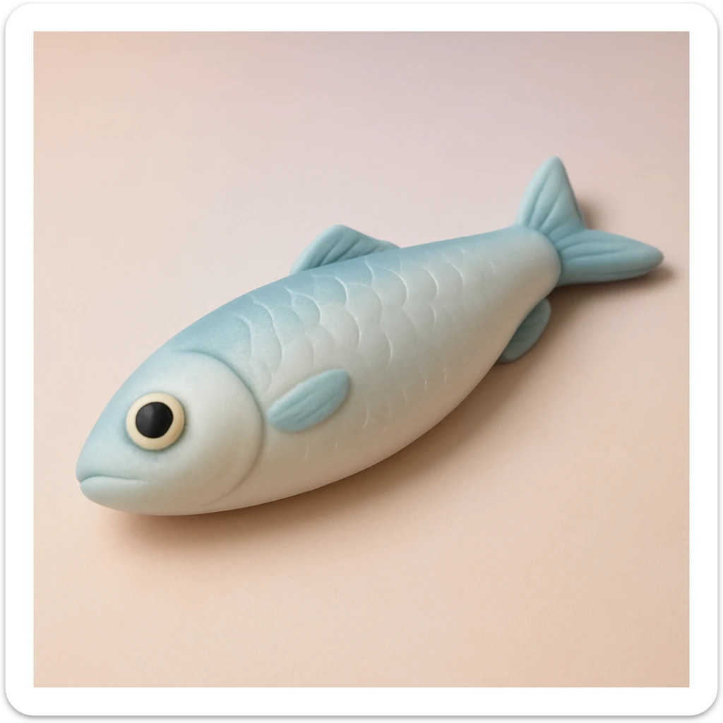single anchovy with shiny scales, fondant cake art style, soft pastel colors, no text sticker