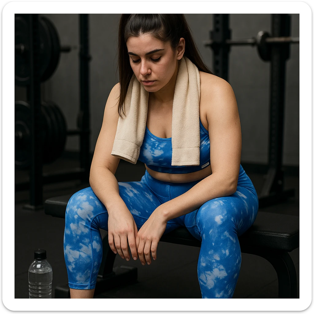 A slender woman in 4K, sitting on a bench in the gym, towel over her shoulders, head bowed and eyes closed, face marked by fatigue, with a water bottle nearby, inspired by the reference photo. sticker