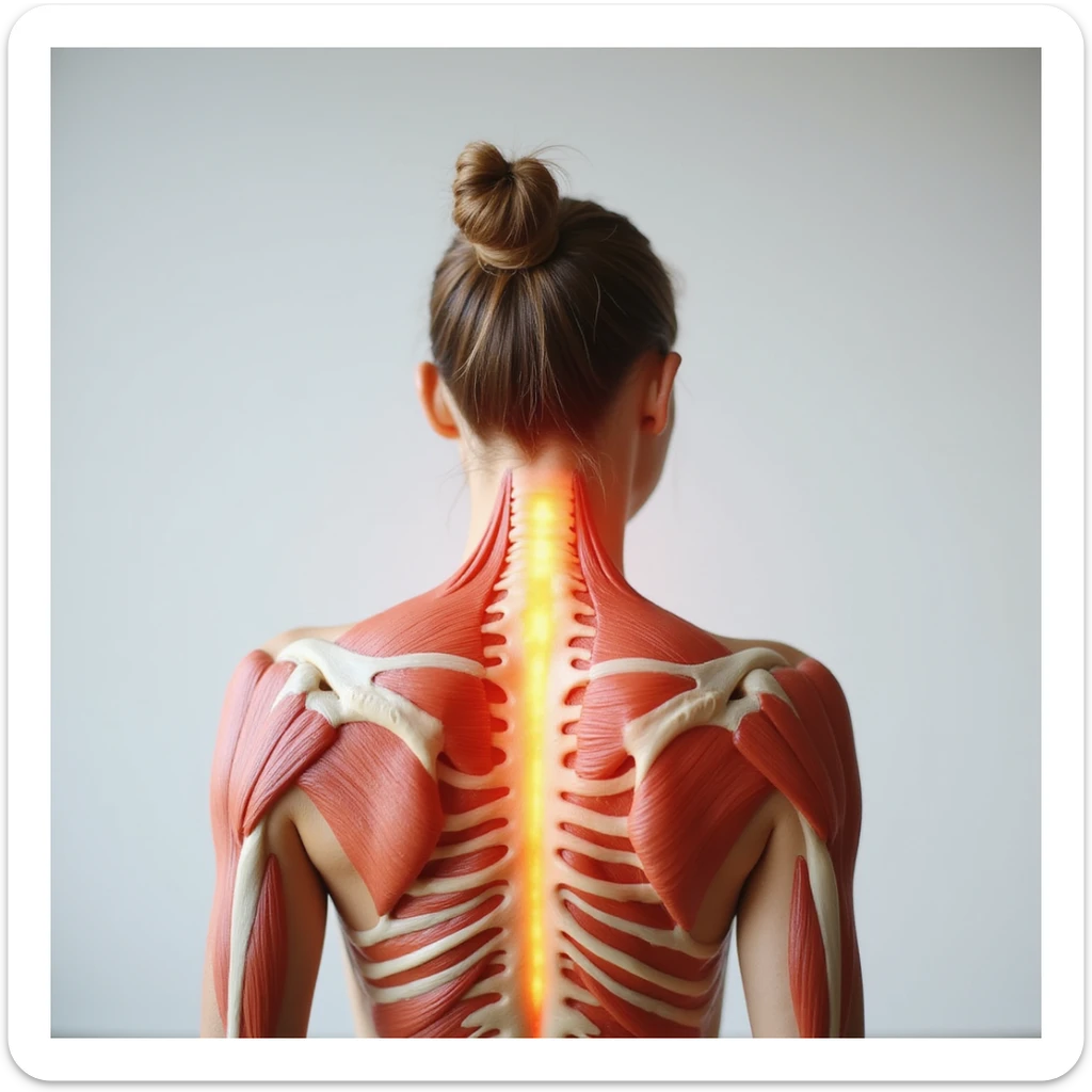 realistic anatomical back view of a woman showing tense head and neck muscles, pain areas highlighted, neutral background sticker