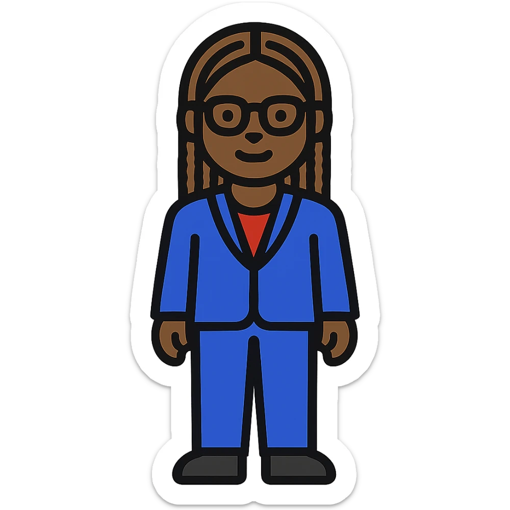 full body emoji of Kemi Badenoch, glasses and braided hair, standing, minimal flat style, transparent background sticker