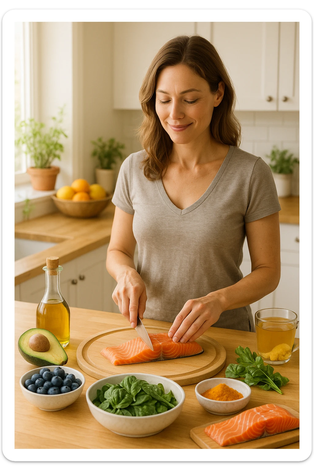 Donna tra i 30 e i 40 anni in una cucina luminosa, serena e sorridente, mentre prepara un pasto a base di cibi antinfiammatori: avocado, mirtilli, salmone selvaggio, verdure a foglia verde, olio d’oliva, curcuma. Il piano cucina è ordinato, ricco di colori naturali. Sullo sfondo: erbe fresche, frutta, una tisana allo zenzero. La donna appare in forma, rilassata e consapevole delle sue scelte. Atmosfera calda e armoniosa, luce naturale. Stile realistico, tono positivo e ispirazionale sticker