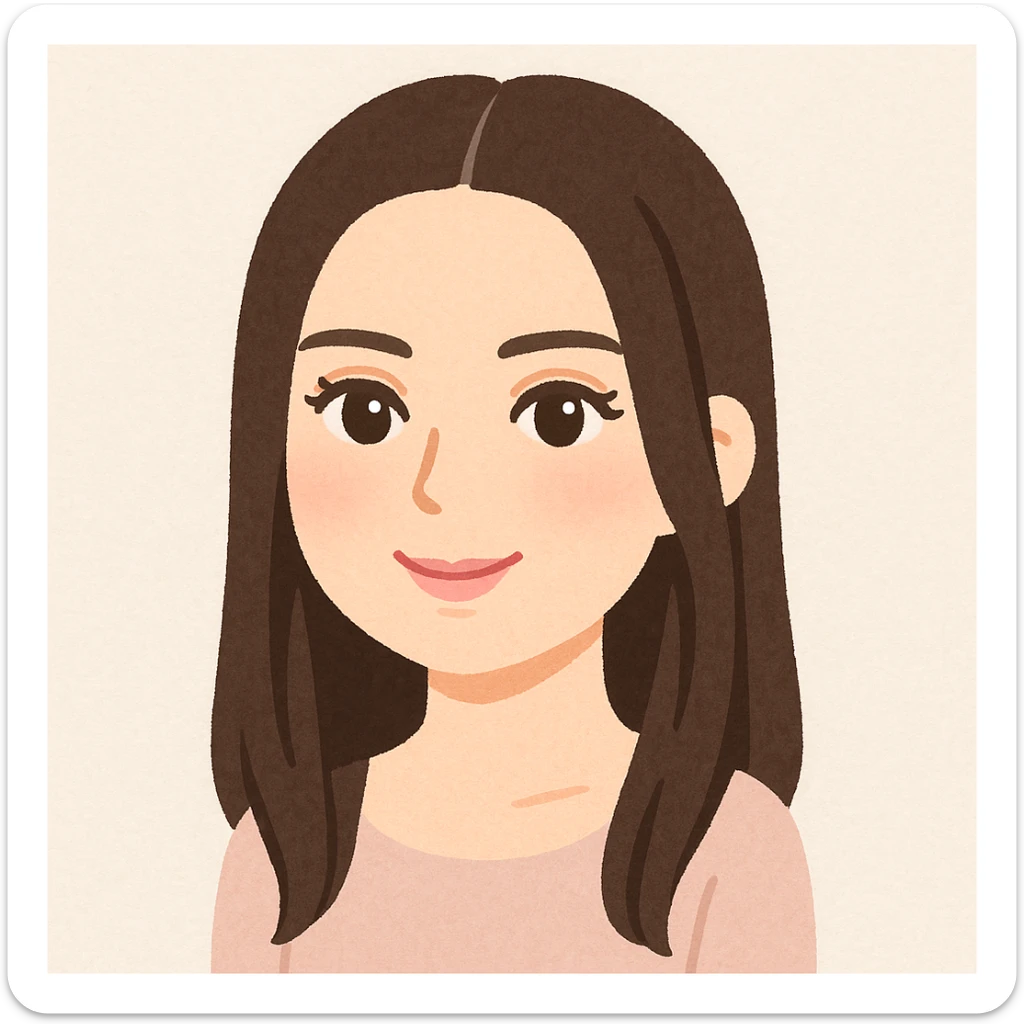 Kendall Jenner's head in Irasutoya style, gentle eyes, long straight hair, cute and approachable sticker