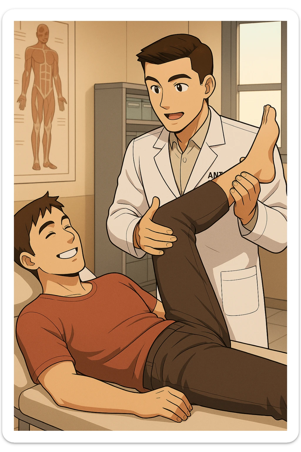 fai un webtoon manga a colori con questo stile, in cui un uomo è steso sul lettino medico e il kinesiologo con il camice bianco (fagli anche la scritta "ANTONIO ANANIA" SUL CAMICE, gli solleva una gamba per fargli il test neuromuscolare, IL KINESIOLOGO SPIEGA ALL'UOMO UNA cosa mentre gli alza la gamba. l'espressione dell'uomo è felice e soddisfatta, non fare i fumetti però, fai solo in modo che sembri stiano parlando, il lettino fai in modo che si veda tutto intero sticker