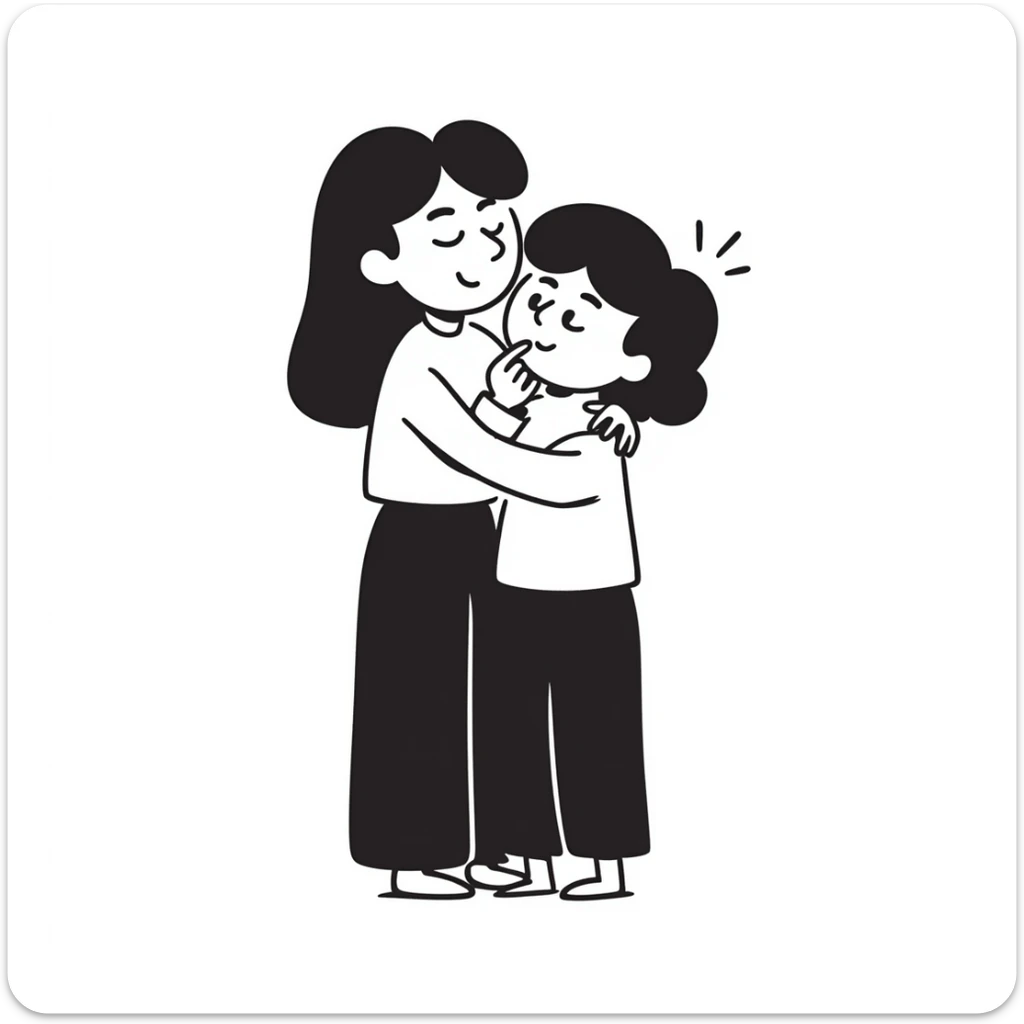 A person hugging another person with a mysterious smile and a finger to their lips sticker