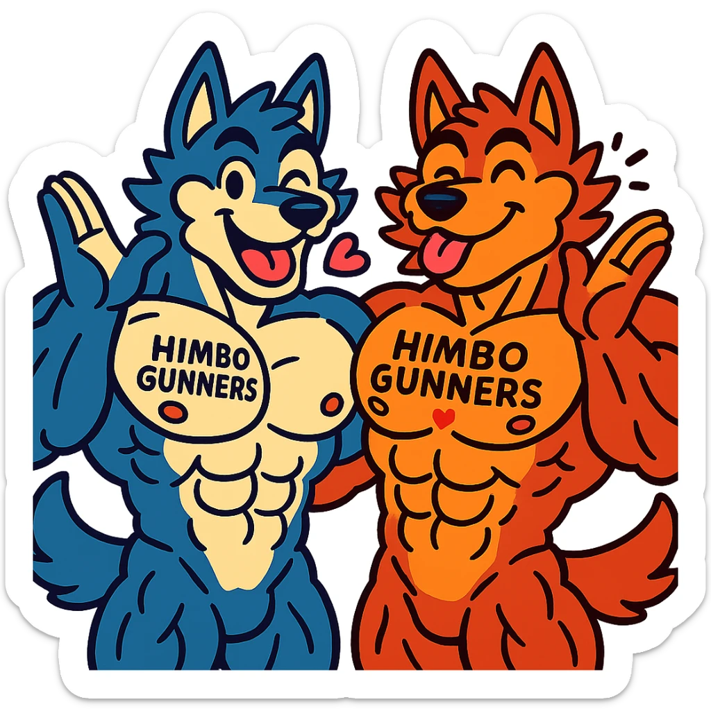 pair of ultra-muscular wolf furries, shirtless, with 'Himbo Gunners' tattooed on their pecs, both blowing a kiss, cheerful and energetic, very large, defined, and detailed muscles, ultra high quality sticker