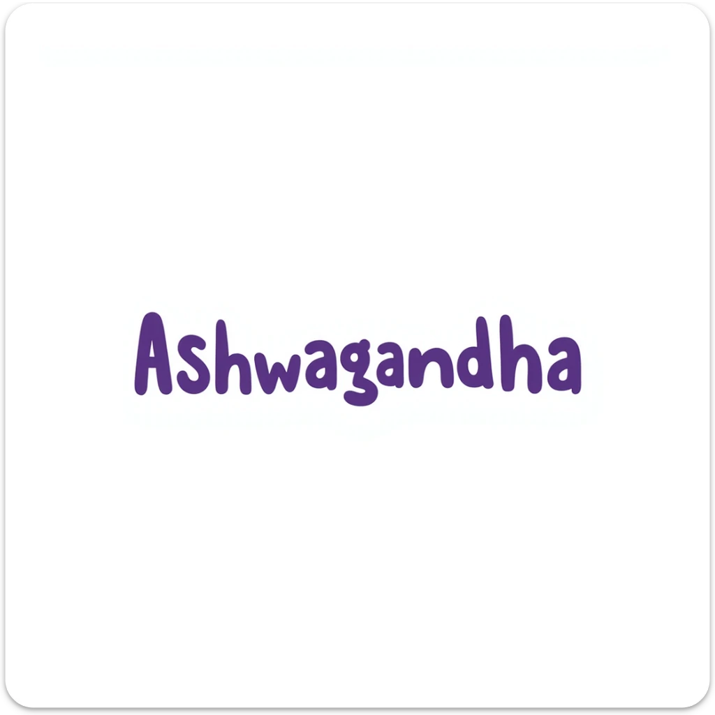 The word "Ashwagandha" hand-drawn in white text with a few purple and blue color accents. Simple doodle style with clean design. sticker