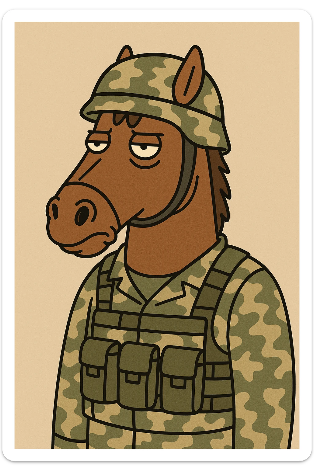 brown horse with an army vibe, cartoon style, wearing camouflage gear and a helmet sticker