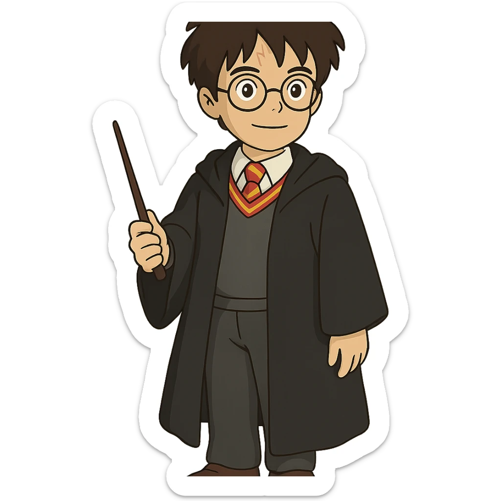Harry Potter with glasses, lightning scar, and wand in ghibli style sticker