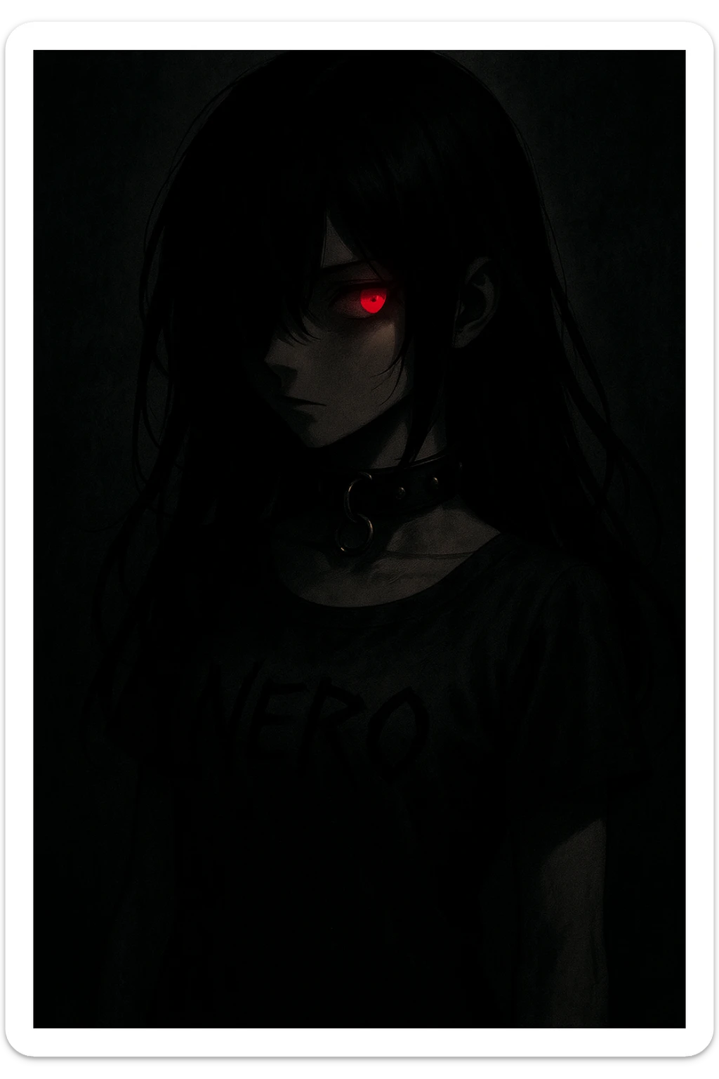 A mysterious anime girl in deep shadows, jet-black hair partially covering her face, turning to her right. Her left eye glows crimson, exuding danger and allure. She wears a dark leather choker with metal rings, and 'NERO' is written in sharp black letters on her dress. sticker