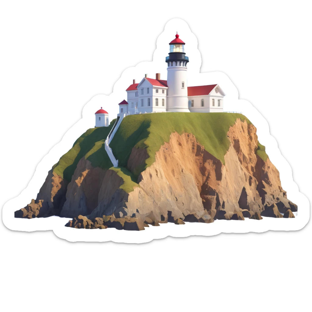 cinematic, realistic emoji of the Point Bonita lighthouse on a majestic cliff, featuring majestic ornate architecture, lifelike detail, bright regal lighting like a sunny day, building in accurate shade of white sticker