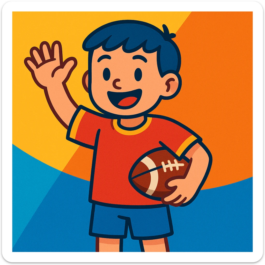 a boy waving and holding a football, inviting a friend, vibrant toon style sticker