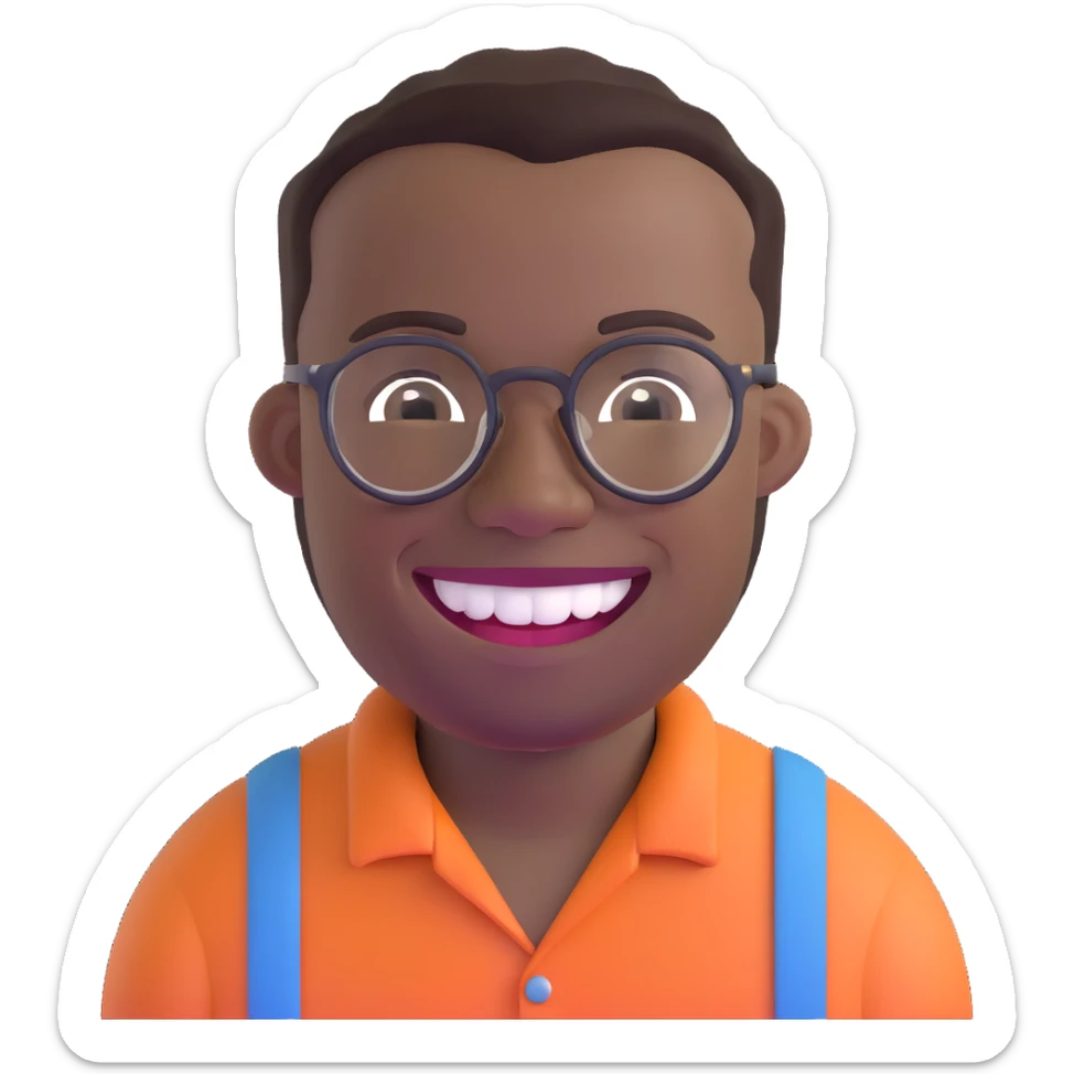 smiling black man with glasses, big teeth, standard male haircut, rural farmer, oval face sticker